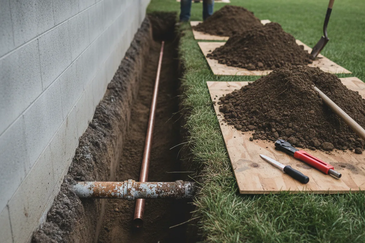 Excavated water line trench during Sewer Line Repair in Versailles